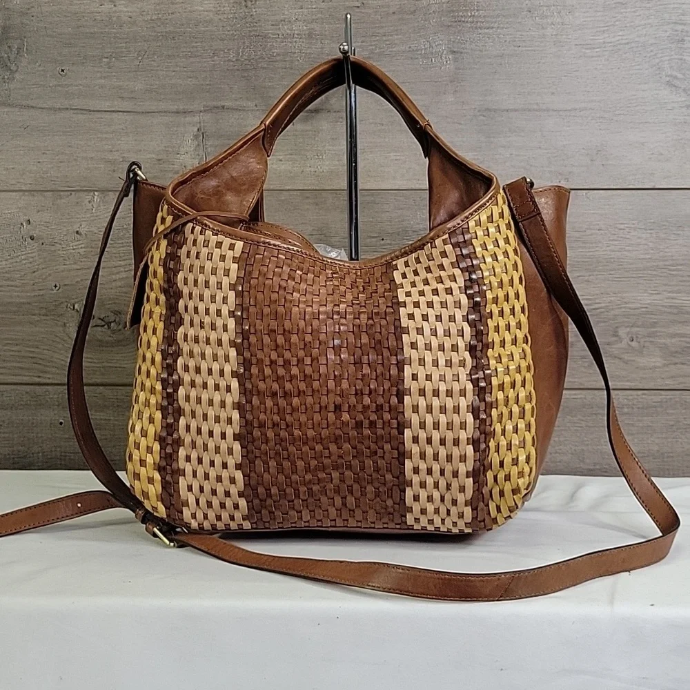Made in India Brown and Yellow Woven Leather Tote Crossbody Bag